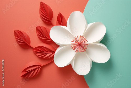 Paper cut flowers and leaves, Fresh spring nature background. Floral banner, poster, flyer template with copy space.