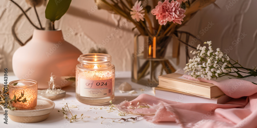 Romantic Candlelight: White, Beautiful and Decorative Design on Wooden Table with Delicate Pink Bouquet on Background