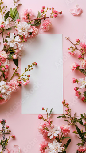 Blank paper card mock-up with Sakura blossoms on pink background. Luxury greeting card design concept. Generative AI