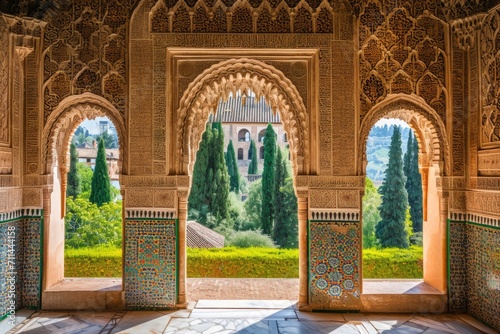 Arches in Islamic Moorish style in Alhambra Granada Spain