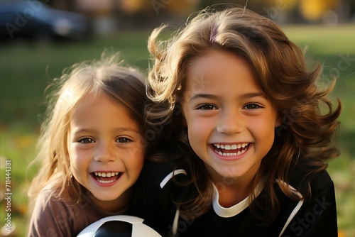 Close-up portrait of two beautiful smiling small girls enjoying themselves outdoors on the street photo