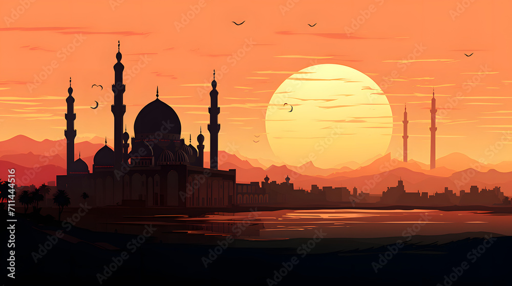 Fototapeta premium background of the silhouette of a magnificent mosque in the desert at sunset