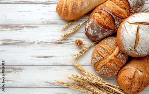 Fresh loafs of crunchy breads with ears of rye and wheat. Natural food banner