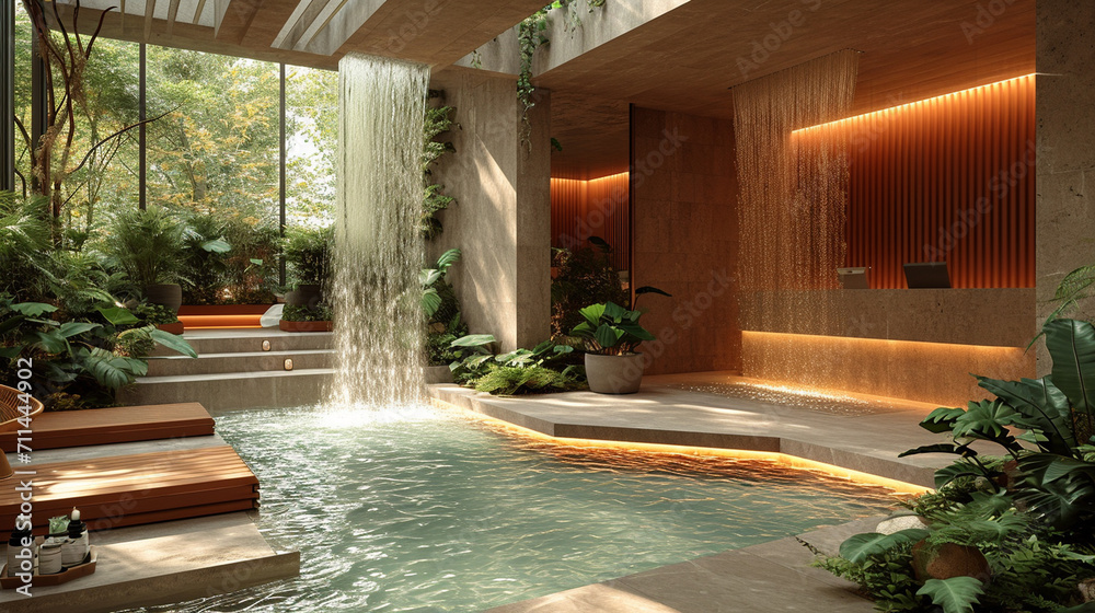 A chic and modern spa salon reception area, with sleek furniture, cascading water features, and living greenery, providing a visually sophisticated entrance to a haven of beauty an
