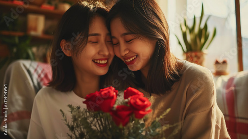 Happy asian young lesbian couple together holding flowers. Engagement celebration. Pride concept. Generative AI