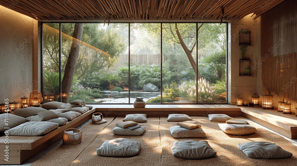Fototapeta premium A captivating spa salon yoga and meditation room, with large windows overlooking a peaceful garden, offering a visually serene space for mindfulness practices and holistic well-bei