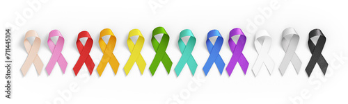 World Cancer Day colored ribbons for different types of cancer on a transparent background in 3D illustration