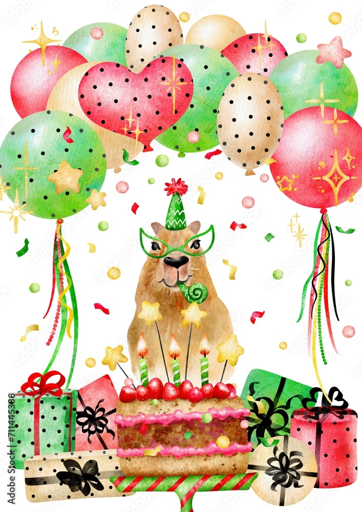 Capybara Birthday digital poster A3 vertical,Capy party printable image,Capybara with birthday cake,balloons and confettiWatercolor funny birthday theme background