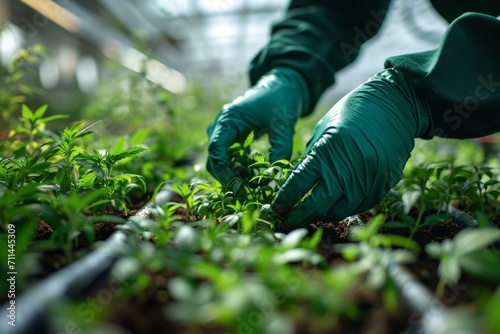 Close-up of farmer's hands in protective gloves planting hemp seeds and young sprouts in a greenhouse. High-tech facility with advanced hydroponic systems. Cannabis cultivation for medical purpose.