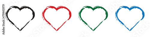 heart shape icons set . Black Red Green Blue love symbol on transparent background. paint brush drawn shape vector illustration. photo