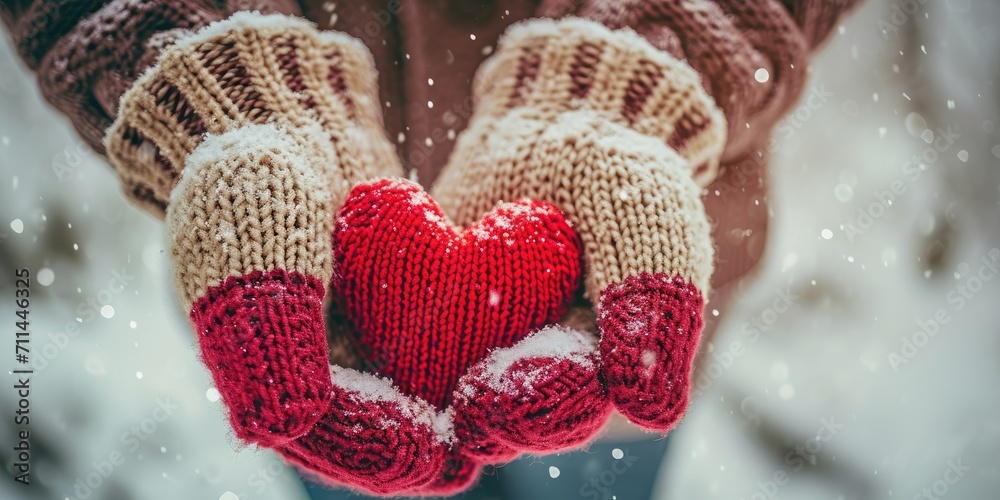 Woman hands in knitted mittens holding red heart on snowy background. Valentine's Day Concept