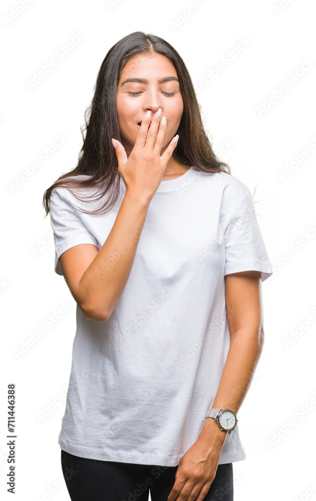 Young beautiful arab woman over isolated background bored yawning tired covering mouth with hand. Restless and sleepiness. Young beautiful arab woman over isolated background bored yawning tired covering mouth with hand. Restless and sleepiness.