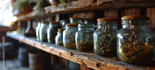 Glass jars filled with cured hemp, neatly labeled and arranged on a wooden shelves. A final product of cannabis harvesting and processing. Legalized marijuana cultivation for medical purposes.