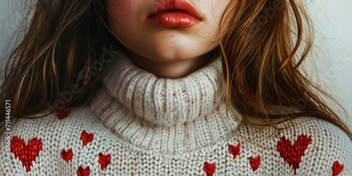 Close-up portrait of a beautiful girl with red lips in a knitted sweater with hearts