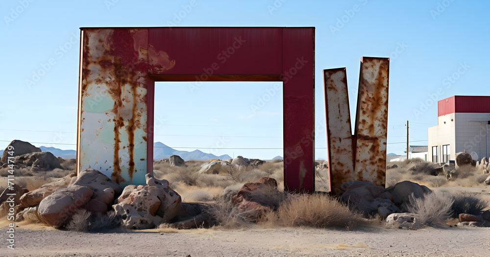 Fototapeta premium A whimsical but outdated artistic modern sign at the entrance to the desert art community.