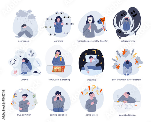Mental disorders illustrations set. People with mental problems. Vector illustrations of mental unhealth