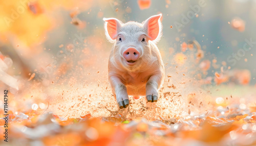 Happy baby pig running, March, concept Animals, generative ai