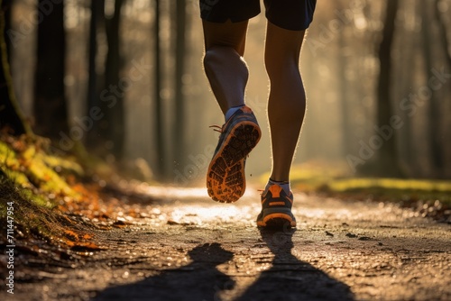 Close-up of the legs of a man running through the forest.