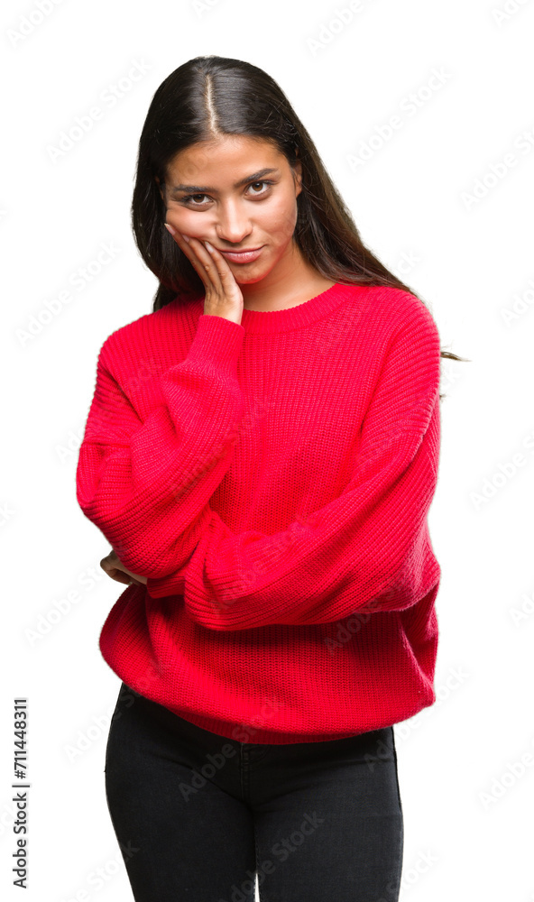 Young beautiful arab woman wearing winter sweater over isolated background thinking looking tired and bored with depression problems with crossed arms. Young beautiful arab woman wearing winter sweater over isolated background thinking looking tired and bored with depression problems with crossed arms.