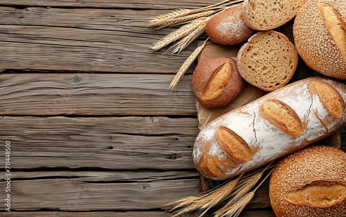 Fresh loafs of crunchy breads with ears of rye and wheat. Natural food banner