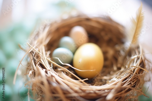 golden egg in a nest inside easter basket