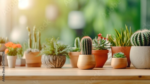 Cactus and succulent plant on wooden table.