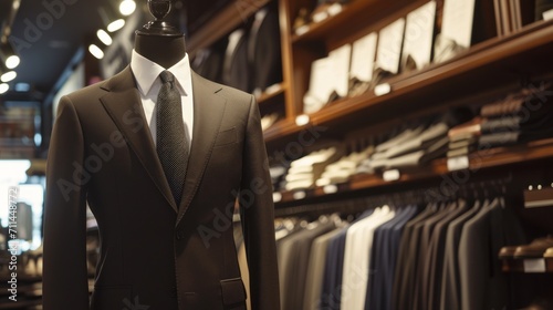 luxury black suit on a mannequin in a store, banner, copy space