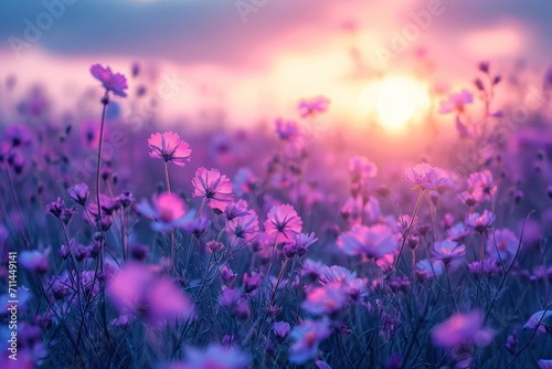 The Spectacular Beauty of Blooming Pink Cosmos in a Serene Summer Meadow © VICHIZH