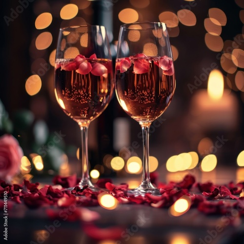 Romantic concept. Two glasses of champagne, rose petals with bokeh background. 