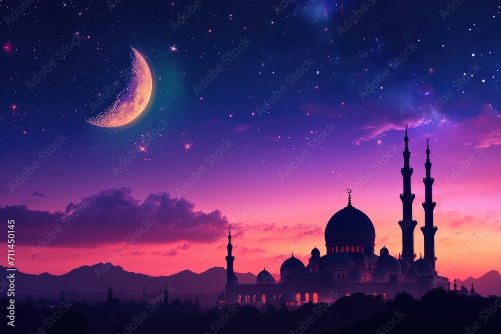 Islamic mosque at sunset with moon and silhouette Islamic mosque at sunset with moon and silhouette