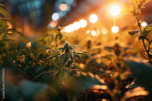 Close-up of young hemp plants in the vegetative stage. Modern greenhouse equipped with bright and warm lights for indoor growing. Legalized marijuana cultivation for medical purposes.
