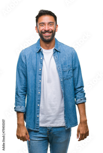 Adult hispanic man over isolated background with a happy and cool smile on face. Lucky person.