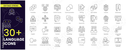 Language stroke icon set. Containing communication, translate, speech, non-verbal, writing, speaking, dictionary, text, language skills and vocabulary icons. Editable stroke icon collection.