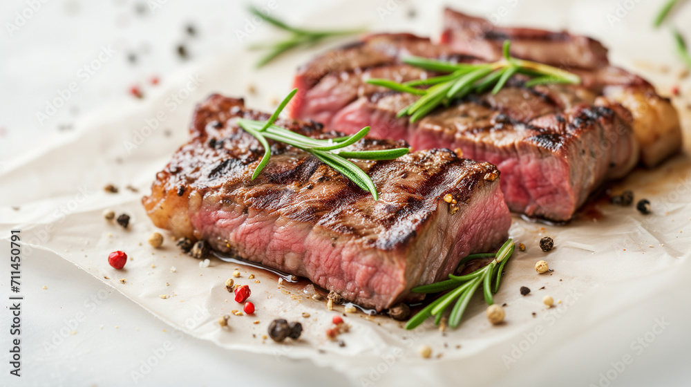 Beef Rump Steak Grilled Medium Rare with Pepper and Rosemary. Foodie restaurant table banner background with copy space, ideal for showcasing delectable dishes and culinary experiences.