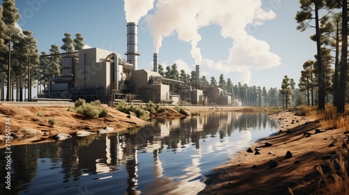 Modern waste incineration plant in natural landscape background photo