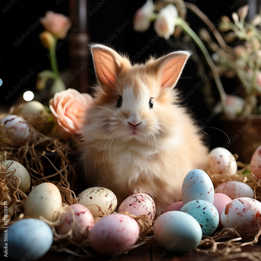 Cute easter rabbit between colored pink, blue and white eggs ans flowers.