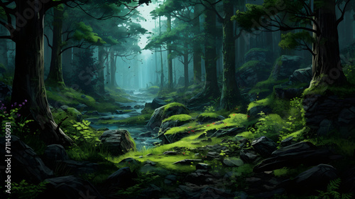 background illustration in the middle of a forest with a stream at sunrise © Helfin