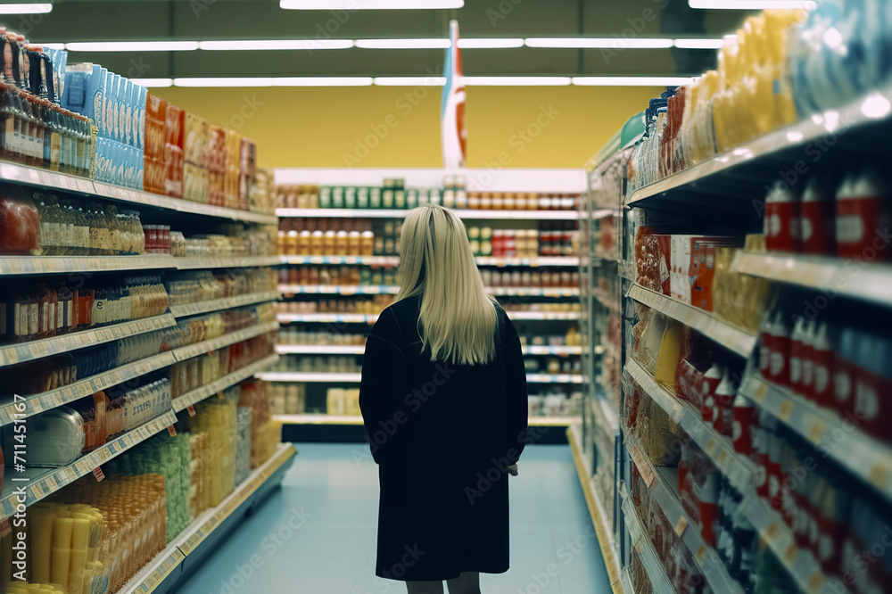 A shopper in a bright, organized supermarket aisle, surrounded by diverse, well-stocked products, reflecting a calm shopping atmosphere, ai generative