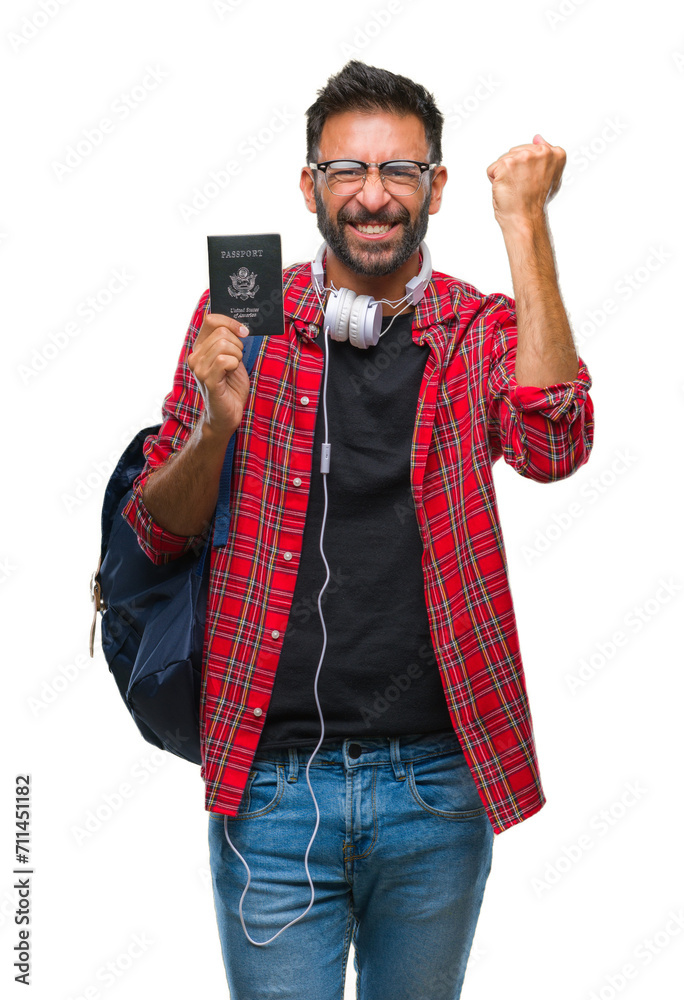 Adult hispanic student man holding passport of america over isolated background annoyed and frustrated shouting with anger, crazy and yelling with raised hand, anger concept Adult hispanic student man holding passport of america over isolated background annoyed and frustrated shouting with anger, crazy and yelling with raised hand, anger concept