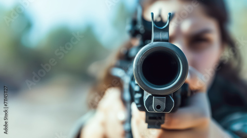 gros plan sur le canon d'un fusil d'assaut tenu par une jeune femme photo