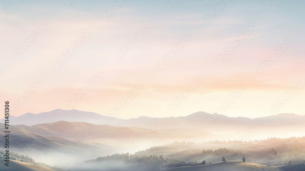 An elegant website banner featuring a serene landscape of rolling hills and a soft sunrise, conveying tranquility and sophistication - Generative AI