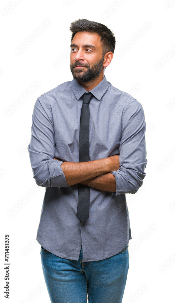 Adult hispanic business man over isolated background smiling looking side and staring away thinking.