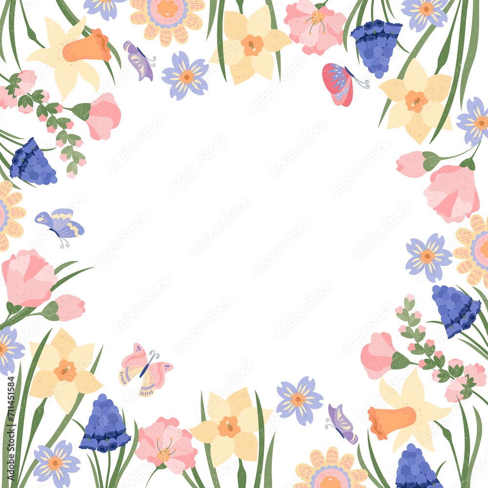 Hand drawn flat spring frame background with blooming flowers and butterflies with blank space Hand drawn flat spring frame background with blooming flowers and butterflies with blank space