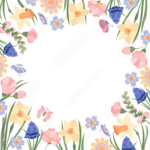 Hand drawn flat spring frame background with blooming flowers and butterflies with blank space