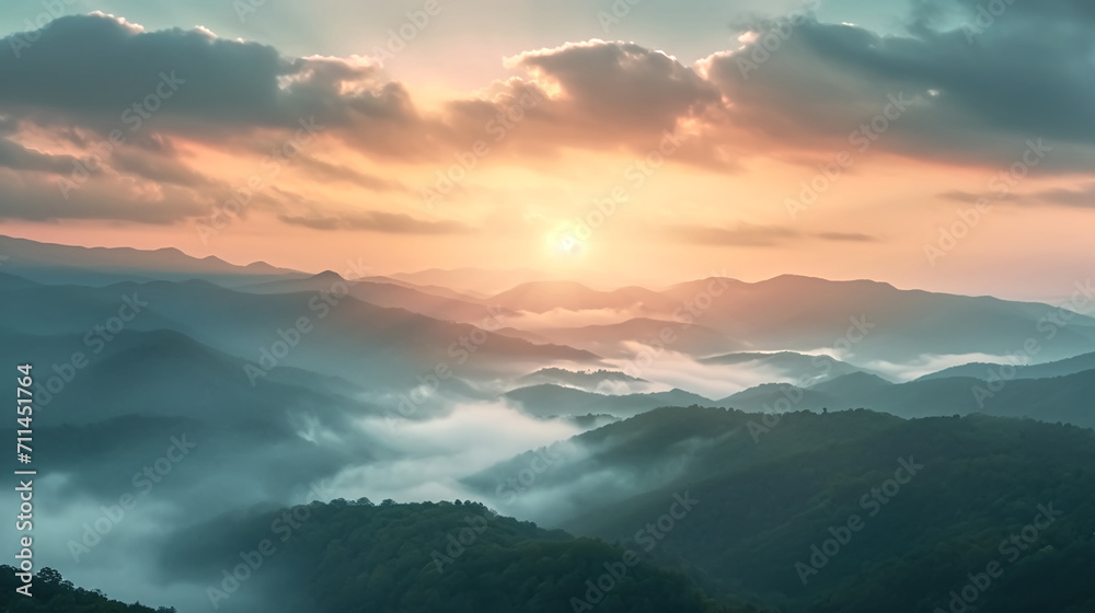 Mountain sunrise, with the soft light of dawn painting the landscape in gentle pastels, as morning mist weaves through the valleys, good morning, inspirational, breath of fresh air Mountain sunrise, with the soft light of dawn painting the landscape in gentle pastels, as morning mist weaves through the valleys, good morning, inspirational, breath of fresh air
