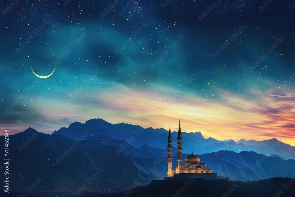 Ramadan background with mosque and Quran revealed.