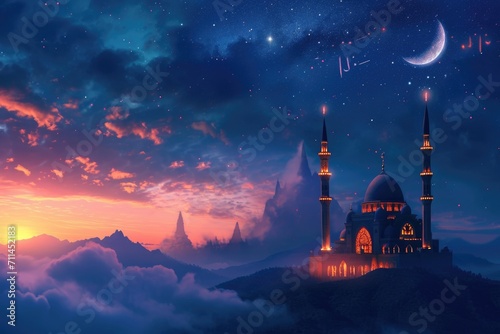 Ramadan background with mosque and Quran revealed. © darshika