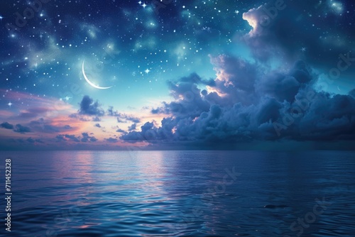 Ramadan Kareem background with crescent and stars above sea. © darshika