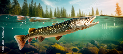northern pike (Esox lucius) swimming in a river photo