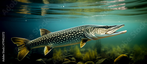 northern pike (Esox lucius) swimming in a river